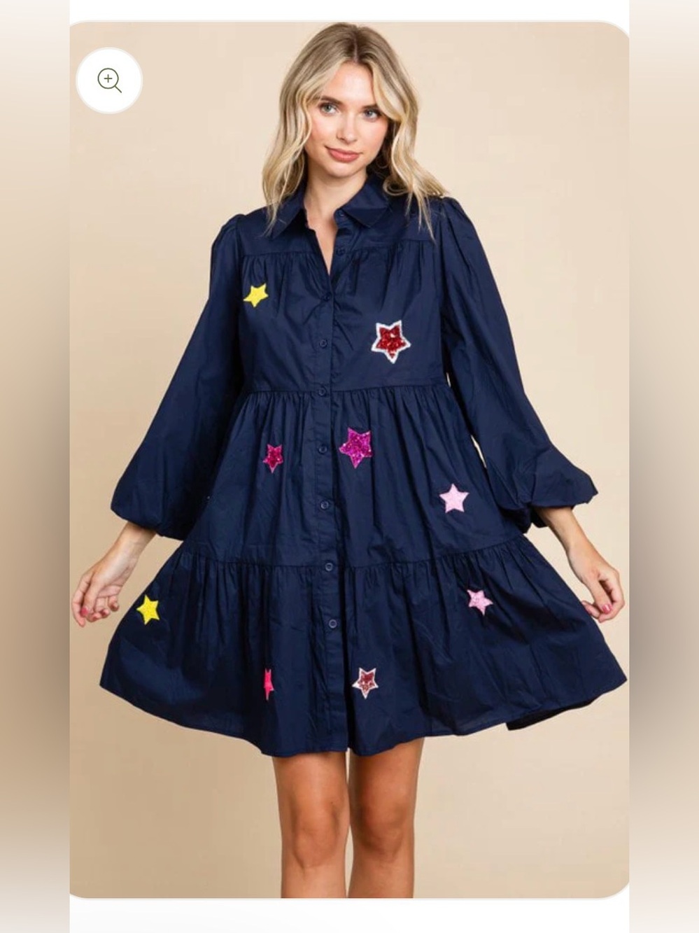 JODIFL Blue Star Textured Button-Up Tiered Dress